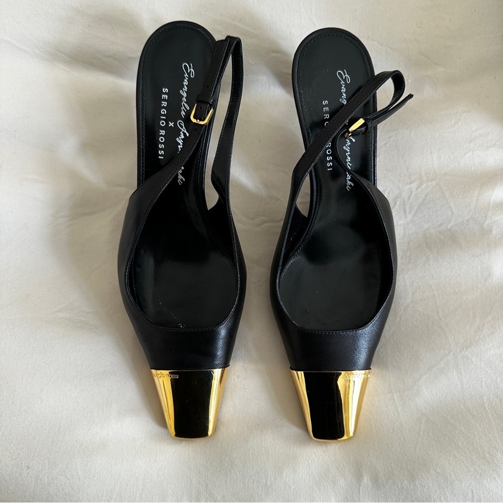 Evangelie Smyrniotaki x Sergio Rossi, brass black leather sling back heels, 37